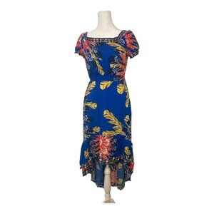Flying Tomato Dress Womens M Blue Floral Off Shoulder Midi High Low Puff